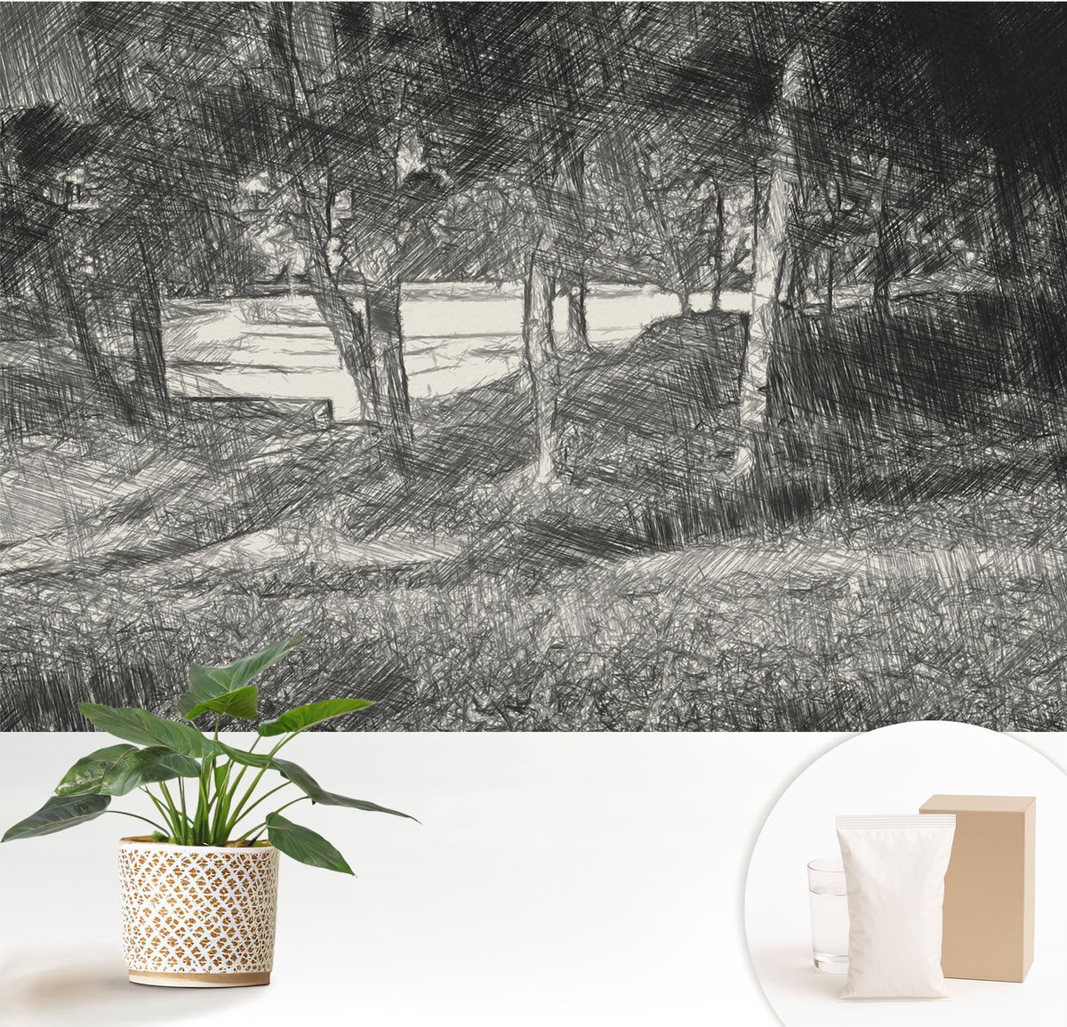 Wallfluent Fotobehang - Zwart-Wit Vliesbehang - 152x104 cm - Een Vredig Landschap Muurschildering - Gang behang Landschappen - Fotobehang Vlies - Gang behang