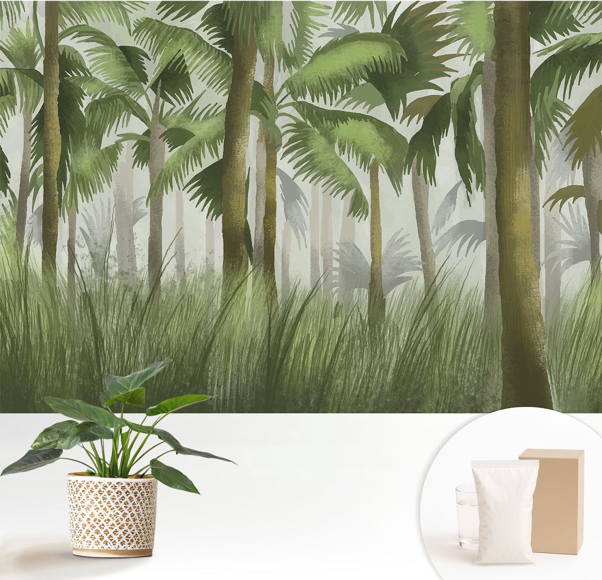 Wallfluent Fotobehang - Groente Vliesbehang - 152x104 cm - Tropisch Bos Fotobehang Vlies - Woonkamer behang Bloemen En Planten - Muurschildering - Woonkamer behang
