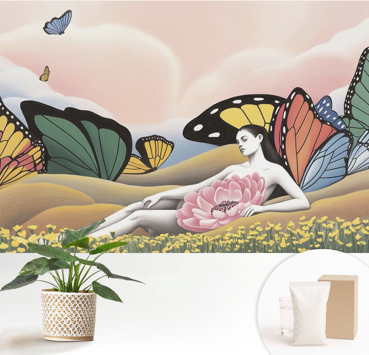 Wallfluent Fotobehang - Wit Vliesbehang - 152x104 cm - Vlinderweide Muurschildering - Slaapkamer behang Deel - Fotobehang Vlies - Slaapkamer behang