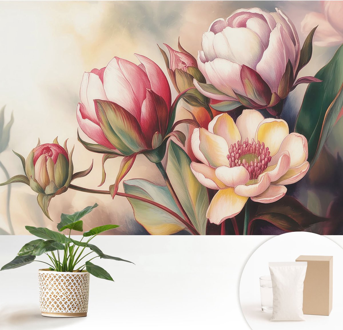 Wallfluent Fotobehang - Wit Vliesbehang - 152x104 cm - Een Boeket Bloemen Fotobehang Vlies - Woonkamer behang Bloemen En Planten - Muurschildering - Woonkamer behang