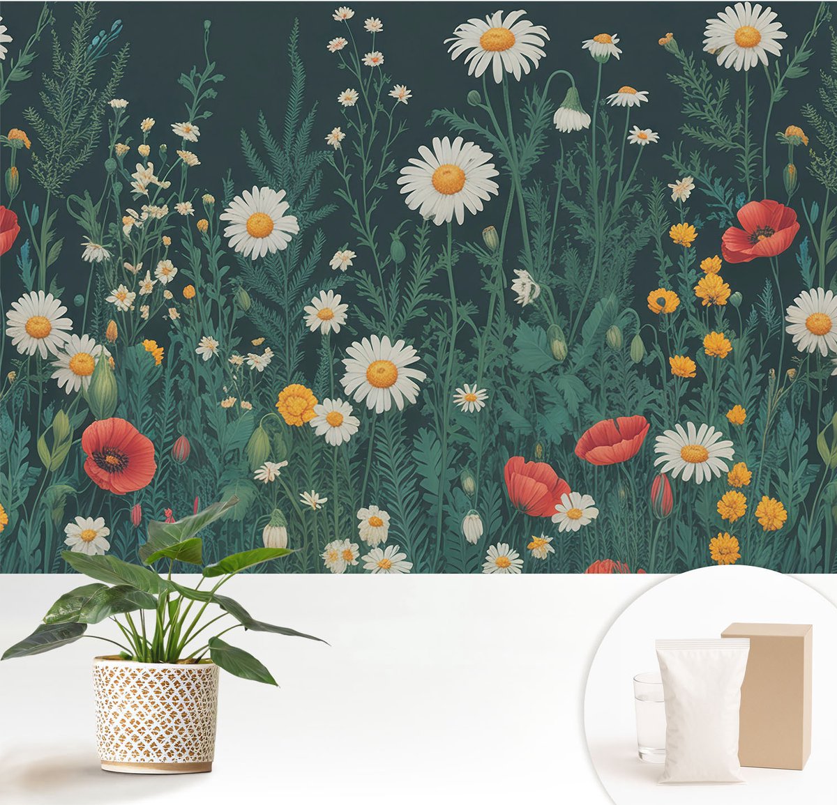 Wallfluent Fotobehang - Groente Vliesbehang - 152x104 cm - Wilde Bloemen Fotobehang Vlies - Woonkamer behang Bloemen En Planten - Muurschildering - Woonkamer behang
