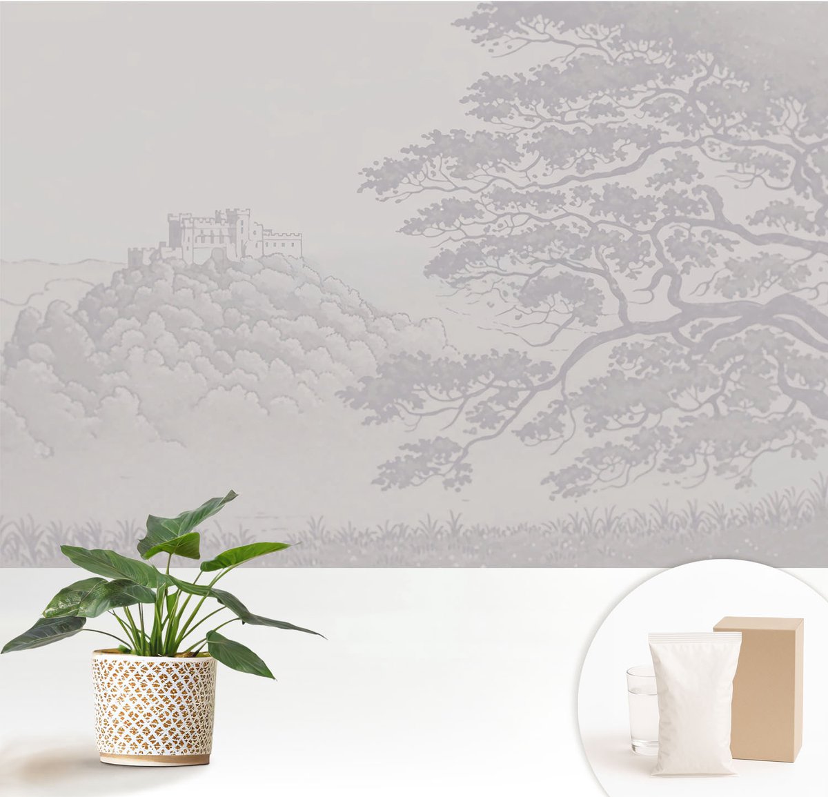 Wallfluent Fotobehang - Grijs Vliesbehang - 152x104 cm - Kasteellandschap Muurschildering - Slaapkamer behang Landschappen - Fotobehang Vlies - Gang behang