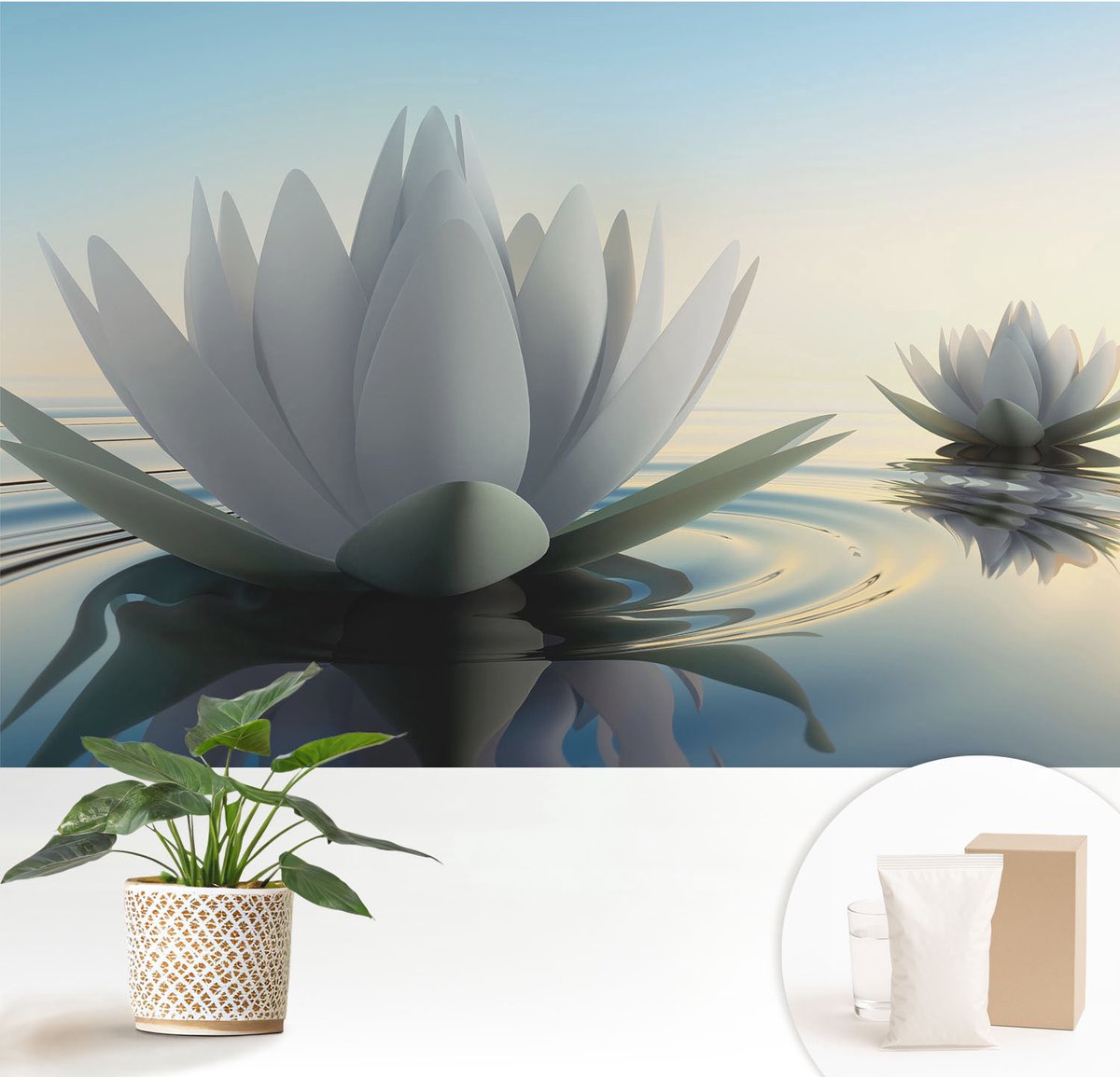 Wallfluent Fotobehang - Wit Vliesbehang - 152x104 cm - Waterlelies Fotobehang Vlies - Woonkamer behang Bloemen En Planten - Muurschildering - Hal behang