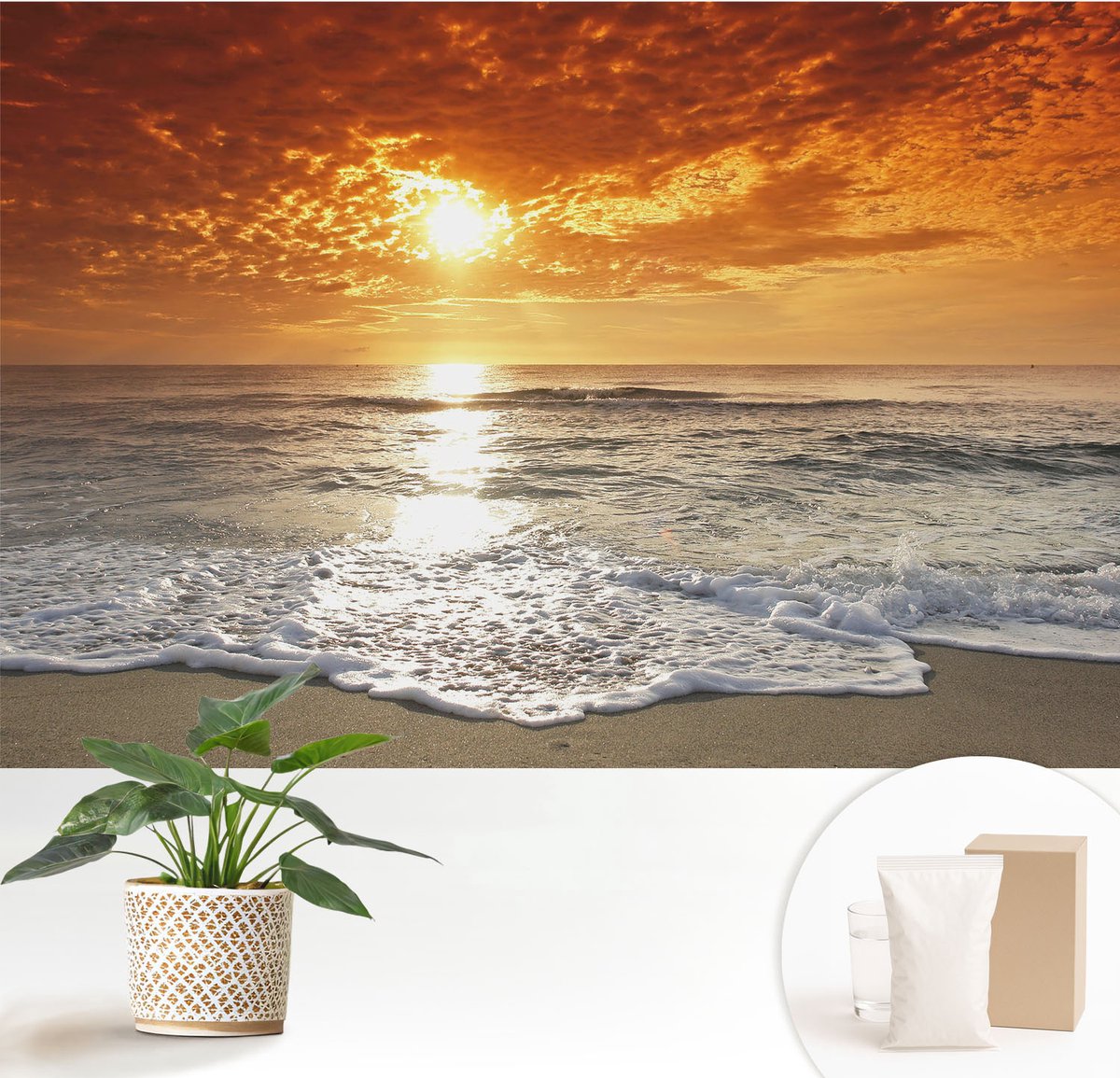Wallfluent Fotobehang - Geel Vliesbehang - 152x104 cm - Oceaangolven Fotobehang Vlies - Hal behang Landschappen - Muurschildering - Hal behang