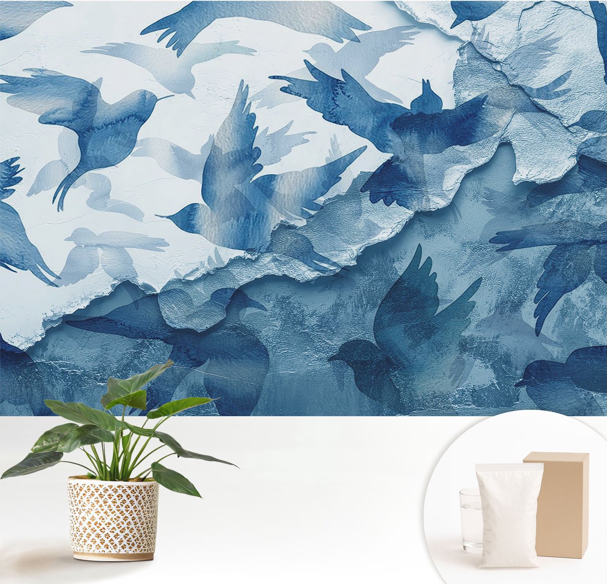 Wallfluent Fotobehang - Blauw Vliesbehang - 152x104 cm - Dynamische Vogels Muurschildering - Gang behang Dieren - Fotobehang Vlies - Gang behang