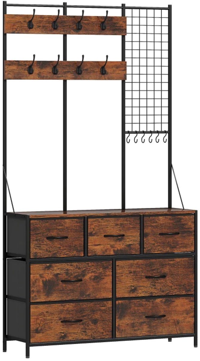 ZYLARO Kapstok - Kledingrek Met Stoffen Lade - 14 Haken - Voor Hal En Slaapkamer - Rustiek Bruin - 183 cm Hoog rustiek bruin+zwart