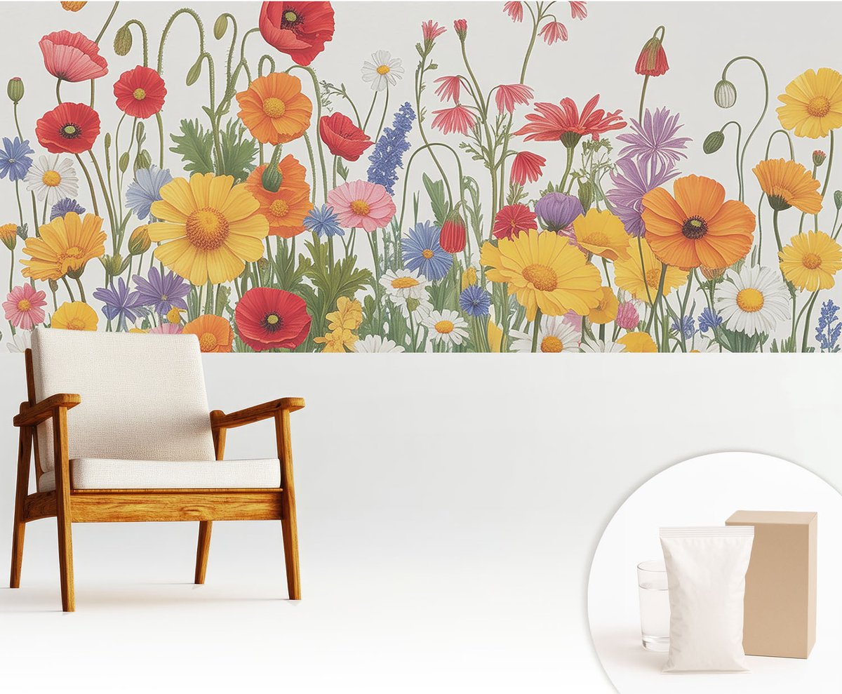 Wallfluent Fotobehang - Geel Vliesbehang - 250x104 cm - Bloemenweide Fotobehang Vlies - Hal behang Bloemen En Planten - Muurschildering - Hal behang