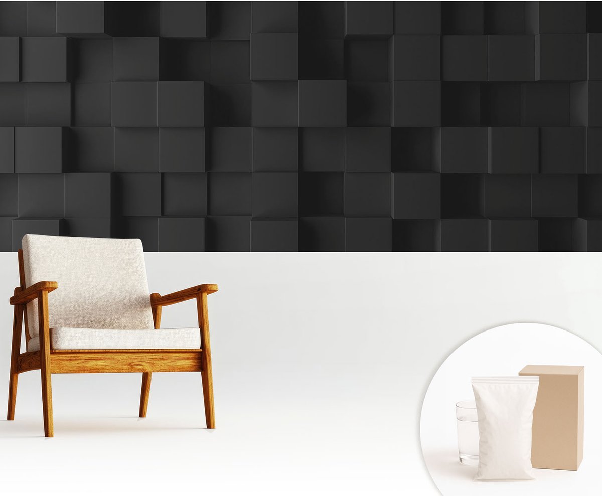 Wallfluent Fotobehang - Zwart Vliesbehang - 250x104 cm - Driedimensionale Kubussen Fotobehang Vlies - Hal behang Achtergronden En Patronen - Muurschildering - Woonkamer behang