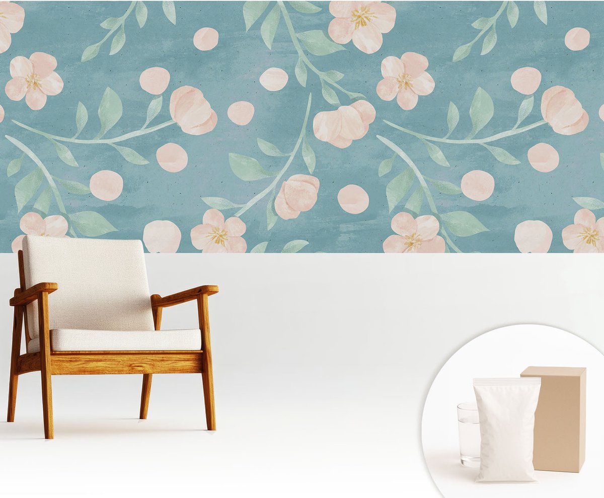 Wallfluent Fotobehang - Blauw Vliesbehang - 250x104 cm - Bloemige Elegantie Fotobehang Vlies - Woonkamer behang Bloemen En Planten - Muurschildering - Woonkamer behang