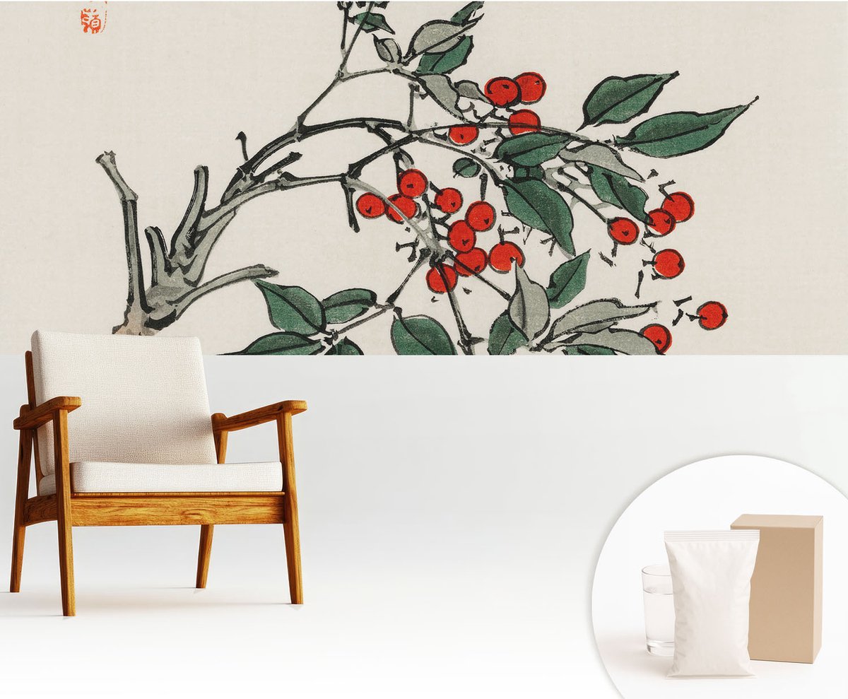 Wallfluent Fotobehang - Zwart Vliesbehang - 250x104 cm - Een Takje Bessen Muurschildering - Slaapkamer behang Bloemen En Planten - Fotobehang Vlies - Gang behang