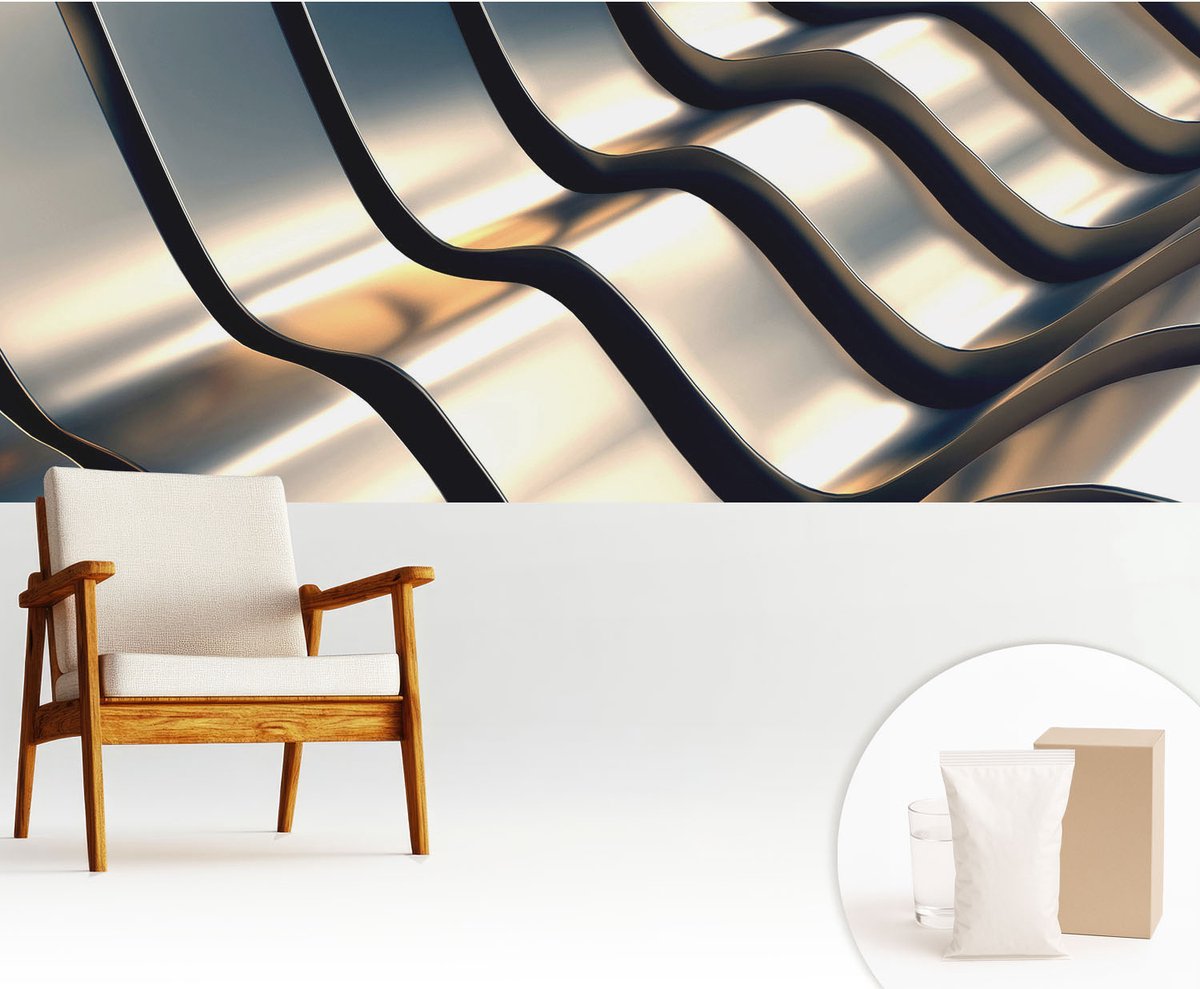 Wallfluent Fotobehang - Grijs Vliesbehang - 250x104 cm - Metalgolven Fotobehang Vlies - Woonkamer behang Geometrie - Muurschildering - Woonkamer behang