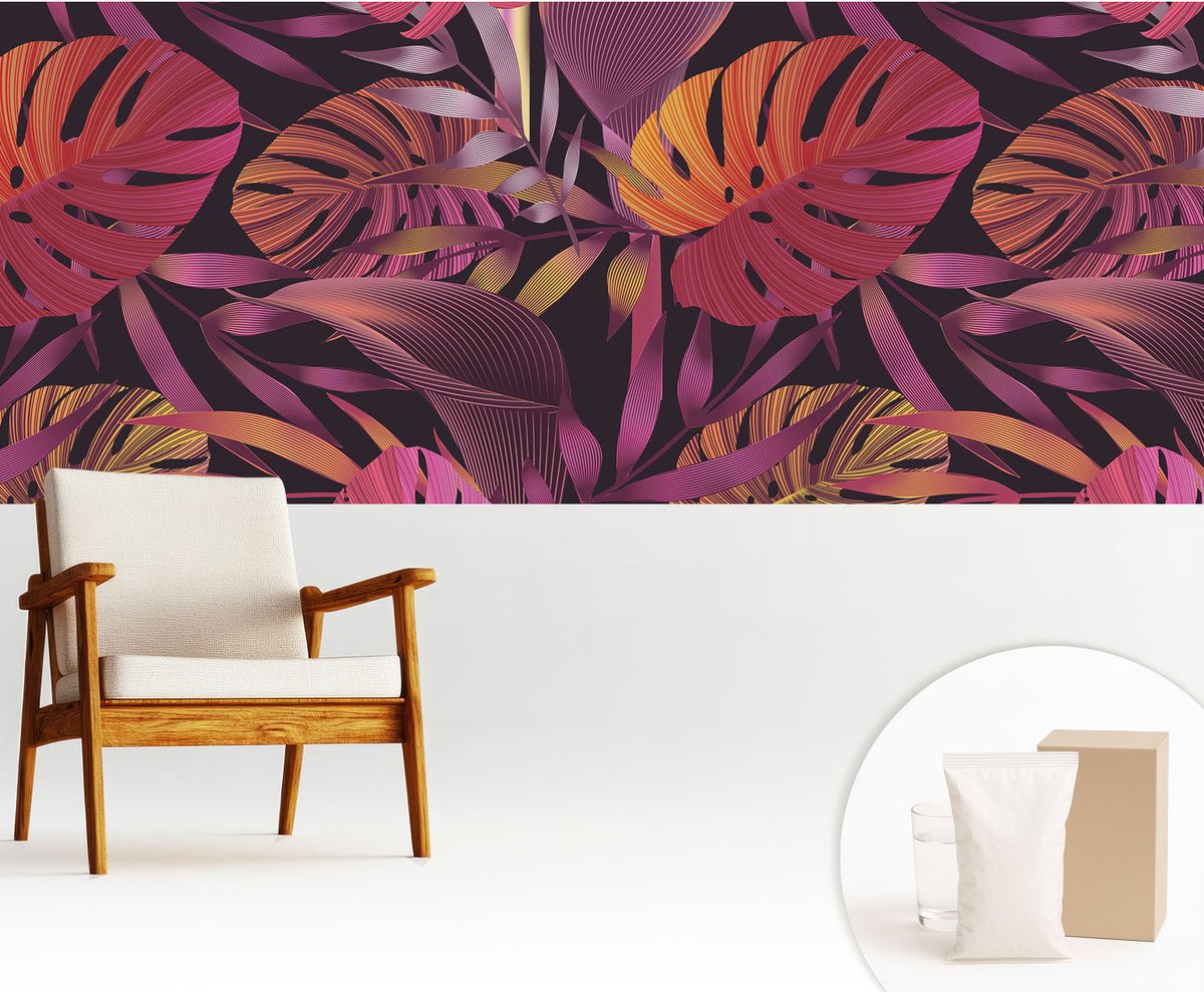 Wallfluent Fotobehang - Zwart Vliesbehang - 250x104 cm - Exotische Bladeren Fotobehang Vlies - Hal behang Bloemen En Planten - Muurschildering - Woonkamer behang