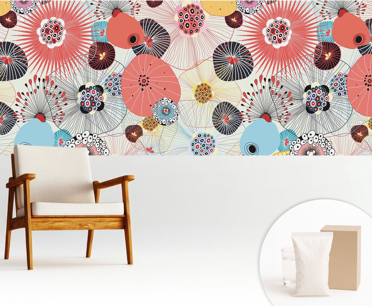 Wallfluent Fotobehang - Rood Vliesbehang - 250x104 cm - Kleurrijke Bloemen Muurschildering - Gang behang Abstractie - Fotobehang Vlies - Slaapkamer behang