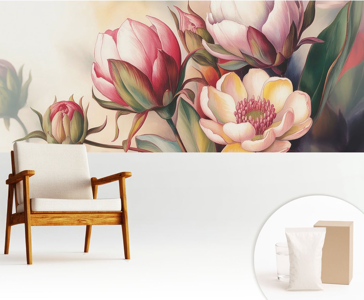 Wallfluent Fotobehang - Wit Vliesbehang - 250x104 cm - Een Boeket Bloemen Fotobehang Vlies - Hal behang Bloemen En Planten - Muurschildering - Woonkamer behang