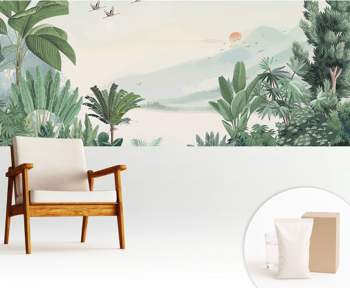 Wallfluent Fotobehang - Groente Vliesbehang - 250x104 cm - Tropische Oase Fotobehang Vlies - Woonkamer behang Landschappen - Muurschildering - Woonkamer behang