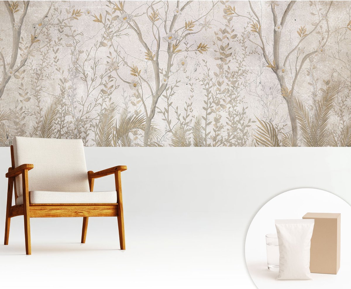 Wallfluent Fotobehang - Beige Vliesbehang - 250x104 cm - Een Boshoek Fotobehang Vlies - Hal behang Bloemen En Planten - Muurschildering - Woonkamer behang