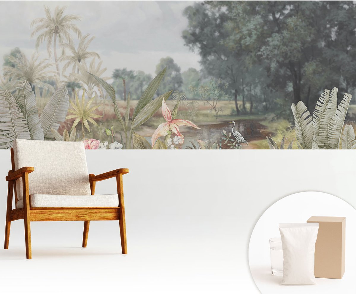 Wallfluent Fotobehang - Grijs Vliesbehang - 250x104 cm - Exotisch Landschap Muurschildering - Gang behang Bloemen En Planten - Fotobehang Vlies - Gang behang