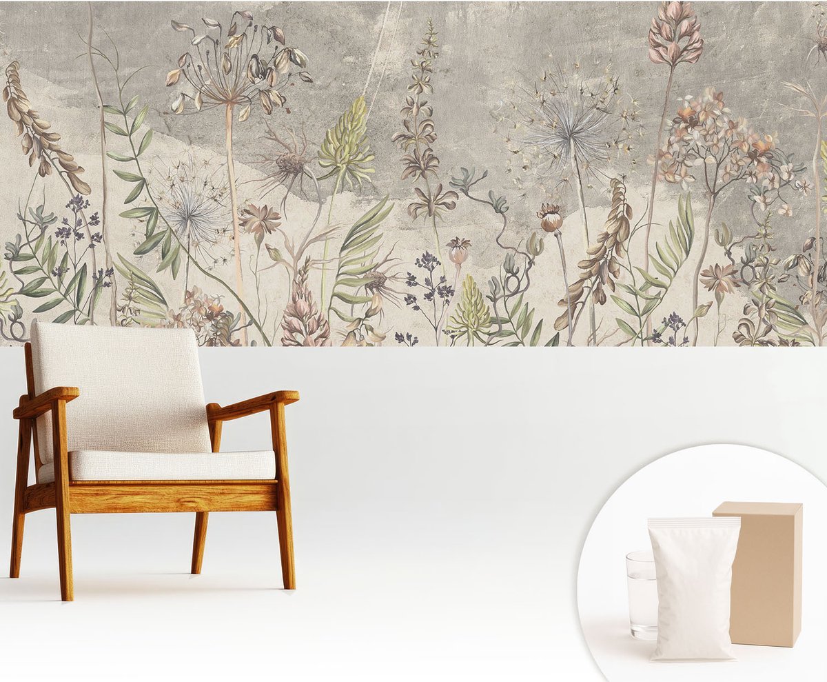 Wallfluent Fotobehang - Grijs Vliesbehang - 250x104 cm - Wilde Planten Muurschildering - Gang behang Bloemen En Planten - Fotobehang Vlies - Slaapkamer behang