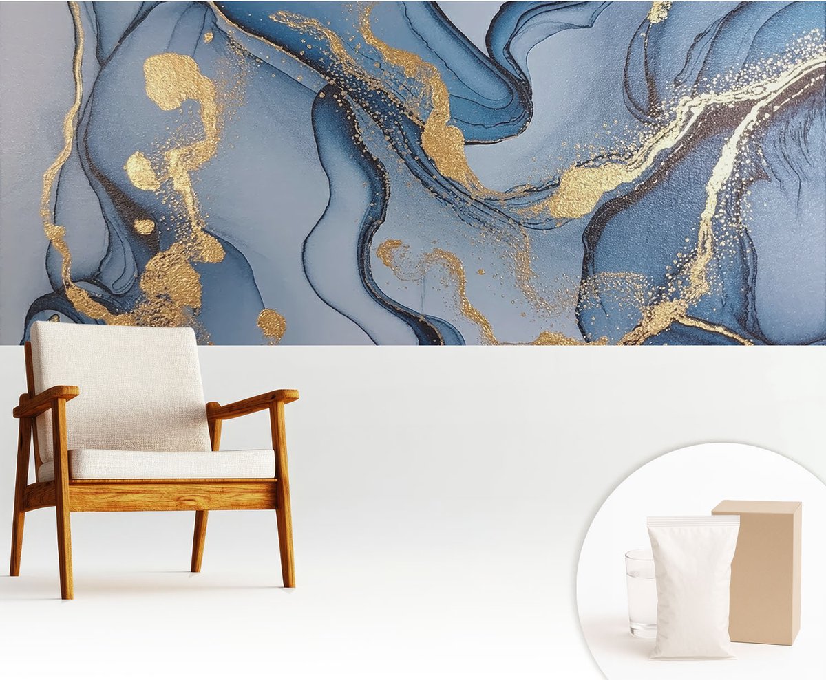 Wallfluent Fotobehang - Blauw Vliesbehang - 250x104 cm - Blauwe Golven Muurschildering - Gang behang Abstractie - Fotobehang Vlies - Slaapkamer behang