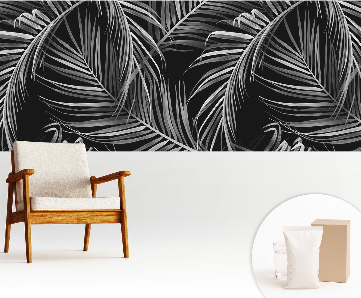 Wallfluent Fotobehang - Zwart Vliesbehang - 250x104 cm - Exotisch Patroon Fotobehang Vlies - Woonkamer behang Bloemen En Planten - Muurschildering - Hal behang