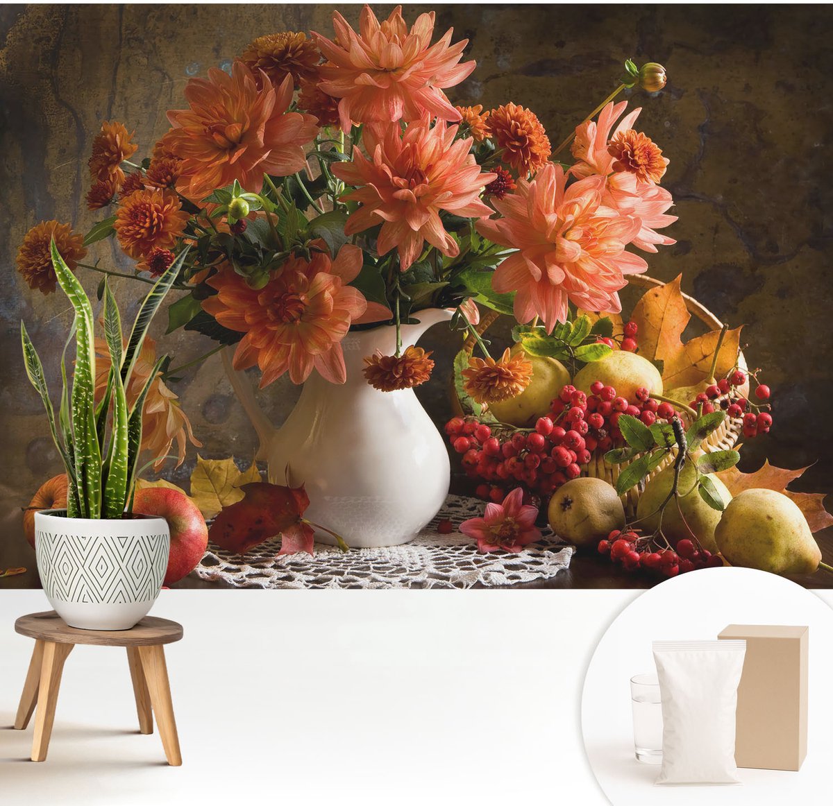 Wallfluent Fotobehang - Oranje Vliesbehang - 208x146 cm - Herfstcompositie Muurschildering - Slaapkamer behang Bloemen En Planten - Fotobehang Vlies - Gang behang
