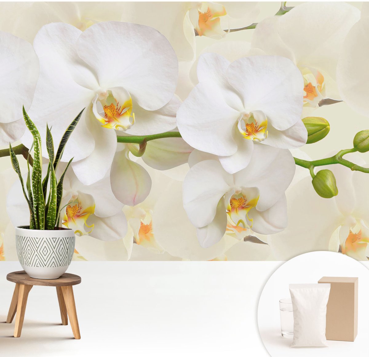 Wallfluent Fotobehang - Wit Vliesbehang - 208x146 cm - Bloemenpracht Fotobehang Vlies - Hal behang Bloemen En Planten - Muurschildering - Woonkamer behang