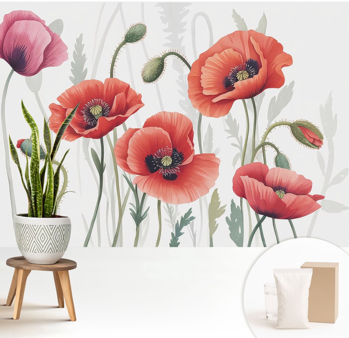 Wallfluent Fotobehang - Rood Vliesbehang - 208x146 cm - Rode Klaprozen Fotobehang Vlies - Woonkamer behang Bloemen En Planten - Muurschildering - Woonkamer behang