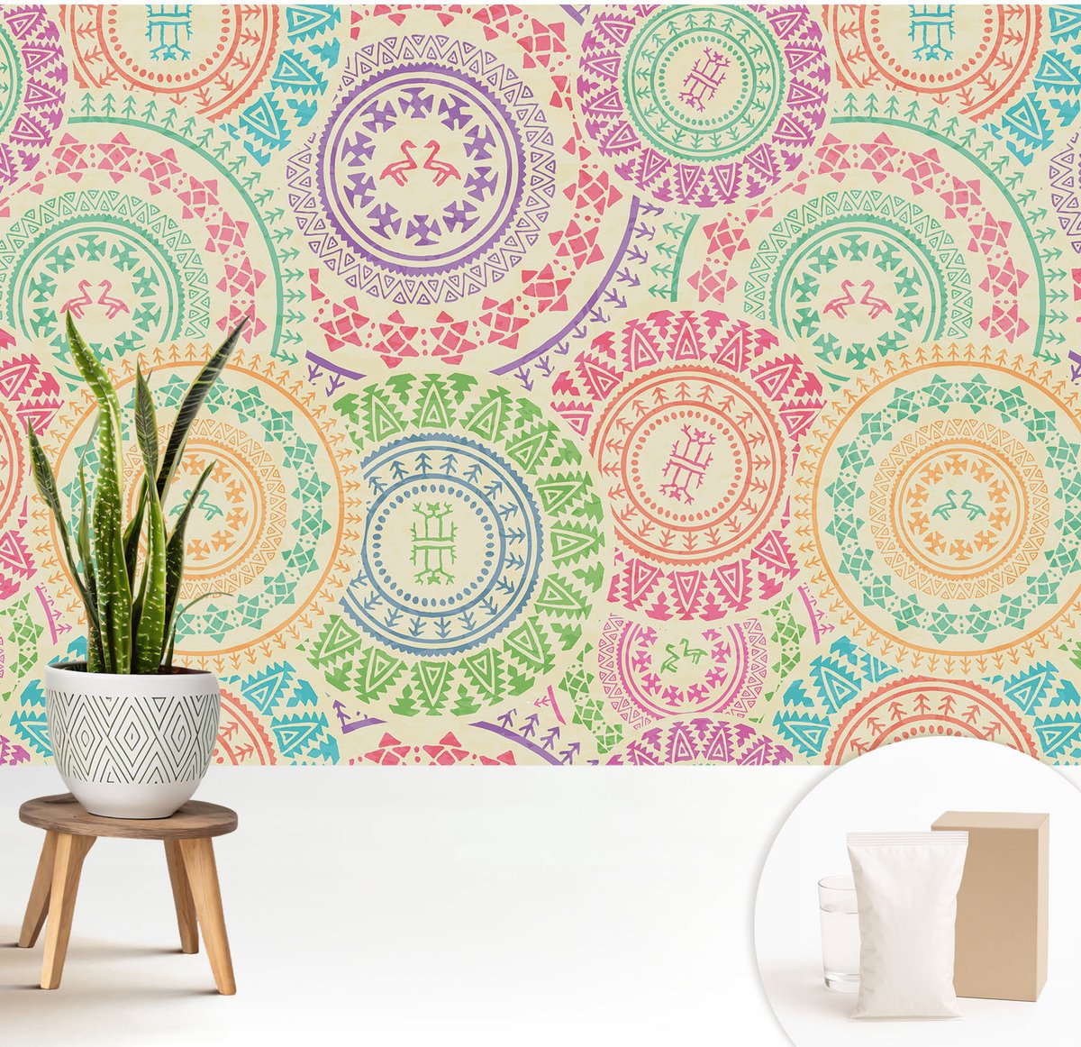 Wallfluent Fotobehang - Beige Vliesbehang - 208x146 cm - Kleurrijke Mandala'S Muurschildering - Gang behang Achtergronden En Patronen - Fotobehang Vlies - Slaapkamer behang