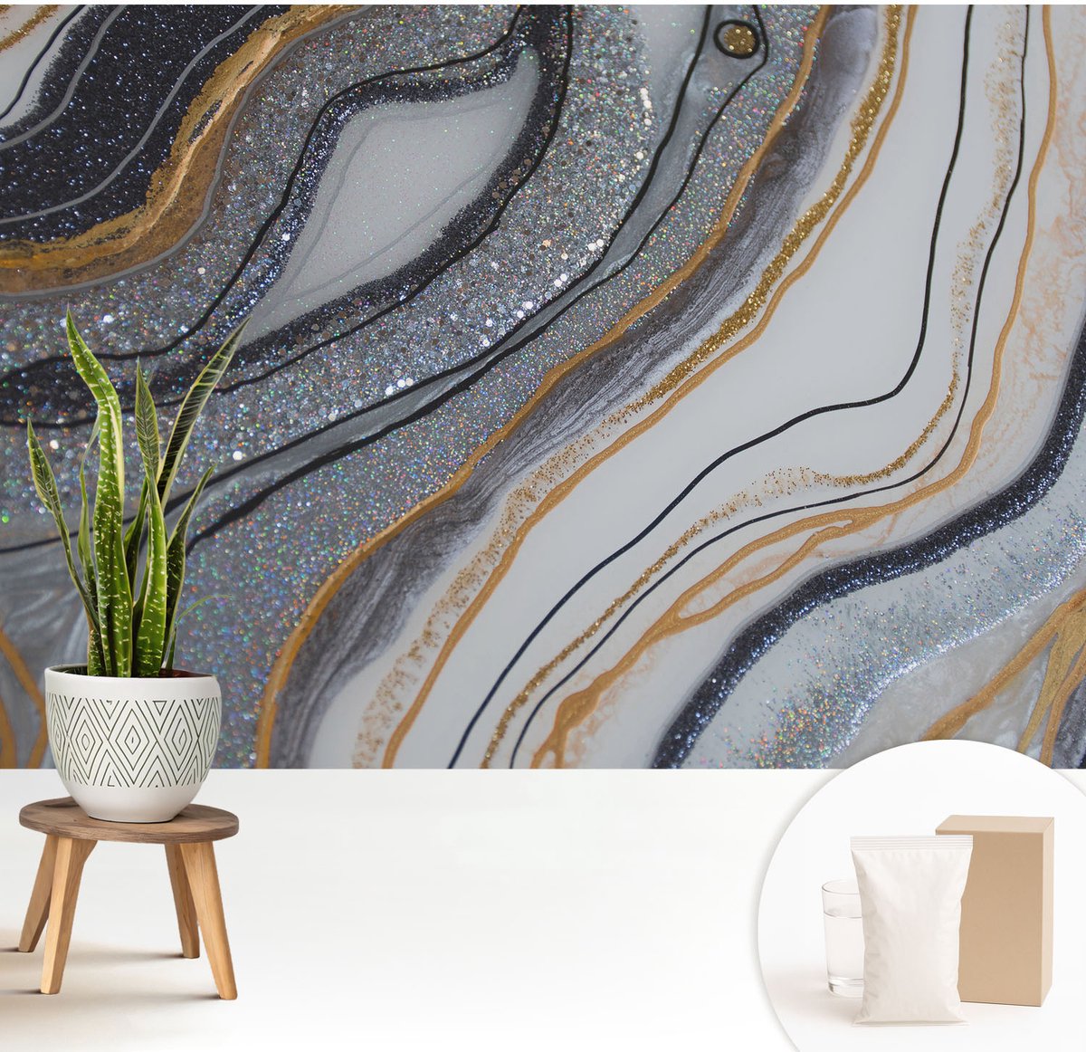 Wallfluent Fotobehang - Zwart Vliesbehang - 208x146 cm - Steengolven Fotobehang Vlies - Woonkamer behang Abstractie - Muurschildering - Woonkamer behang