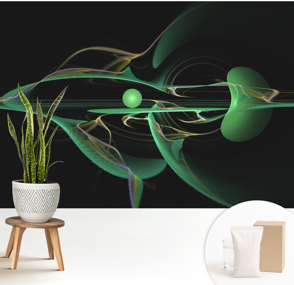 Wallfluent Fotobehang - Zwart Vliesbehang - 208x146 cm - Groene Golven Muurschildering - Gang behang Abstractie - Fotobehang Vlies - Slaapkamer behang
