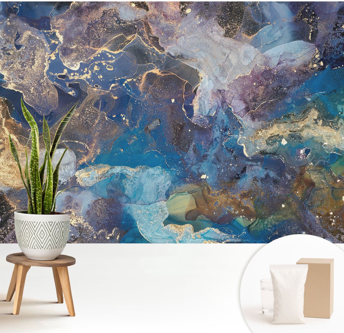 Wallfluent Fotobehang - Blauw Vliesbehang - 208x146 cm - Kosmisch Mozaïek Muurschildering - Gang behang Abstractie - Fotobehang Vlies - Slaapkamer behang