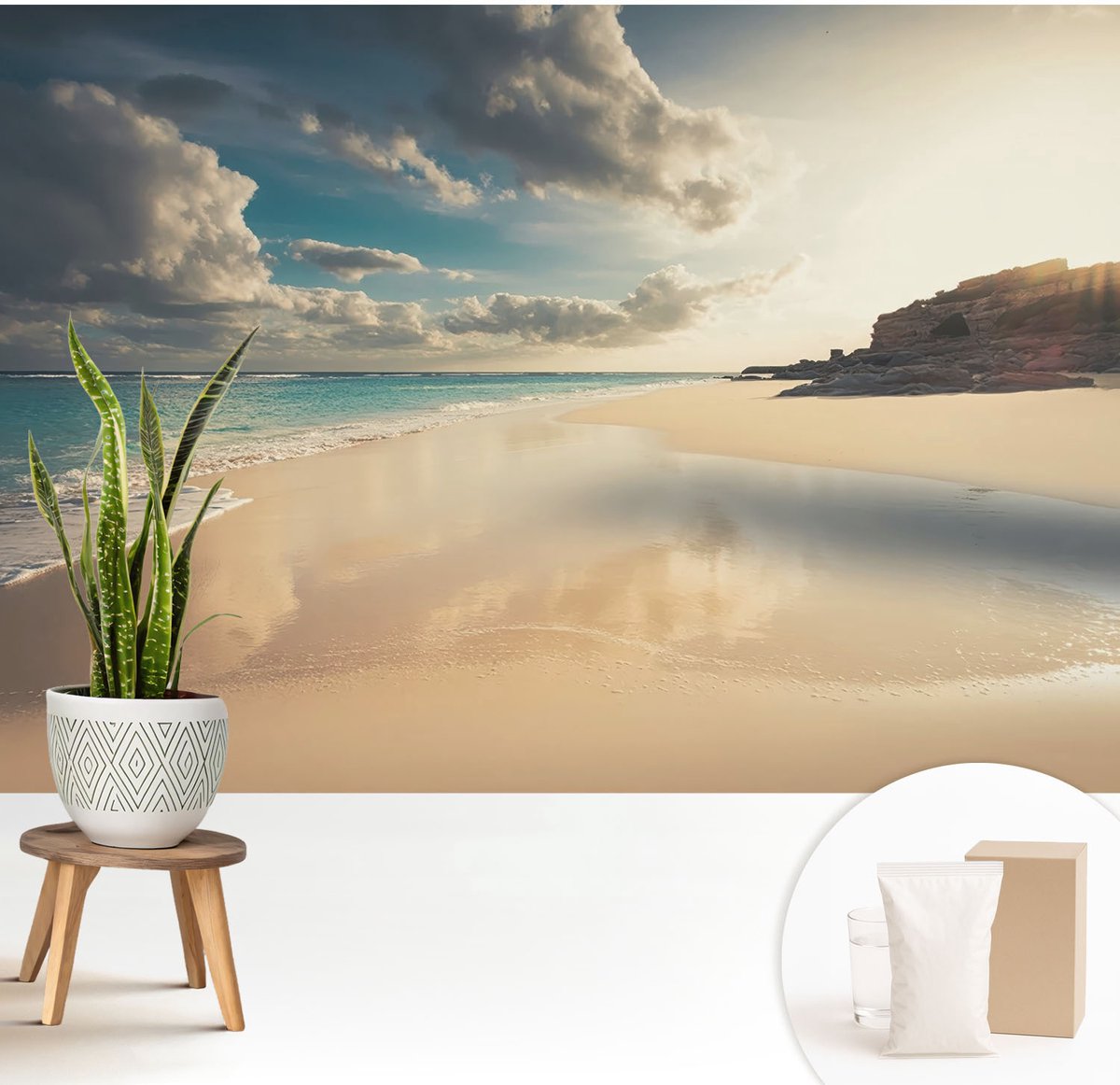 Wallfluent Fotobehang - Blauw Vliesbehang - 208x146 cm - Zonnige Kust Fotobehang Vlies - Hal behang Landschappen - Muurschildering - Woonkamer behang