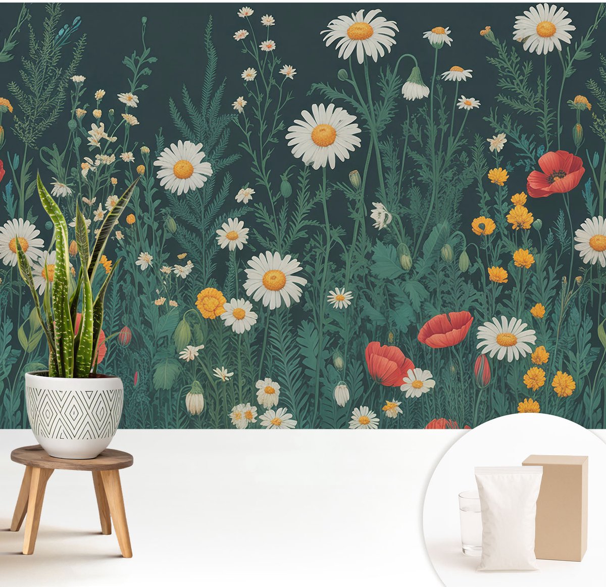 Wallfluent Fotobehang - Groente Vliesbehang - 208x146 cm - Wilde Bloemen Fotobehang Vlies - Woonkamer behang Bloemen En Planten - Muurschildering - Woonkamer behang