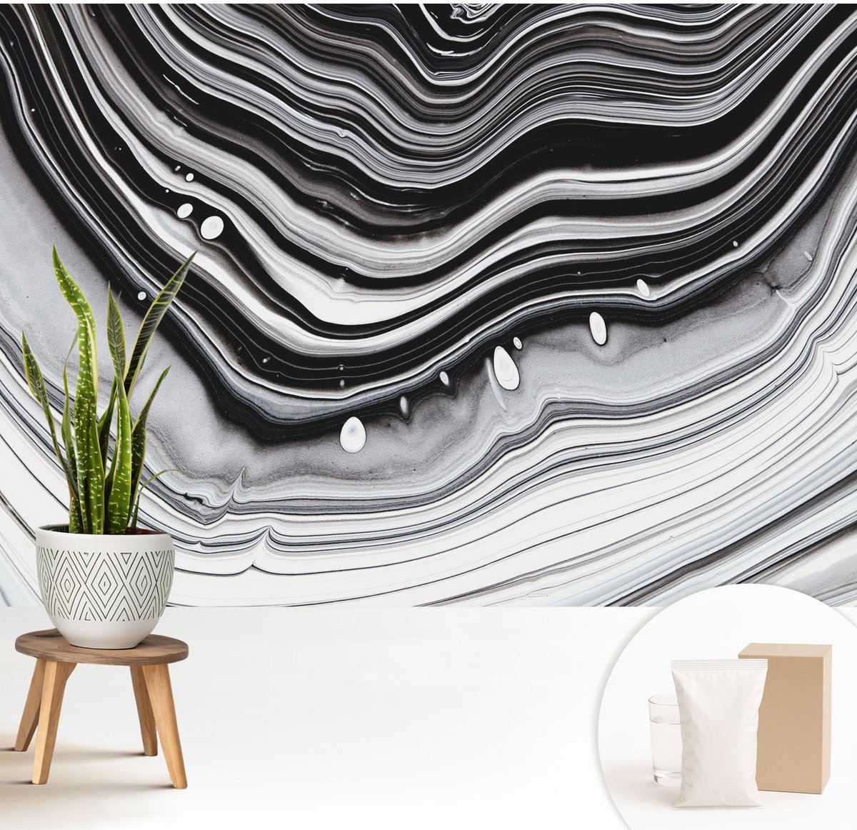 Wallfluent Fotobehang - Zwart-Wit Vliesbehang - 208x146 cm - Optische Golven Muurschildering - Gang behang Achtergronden En Patronen - Fotobehang Vlies - Slaapkamer behang