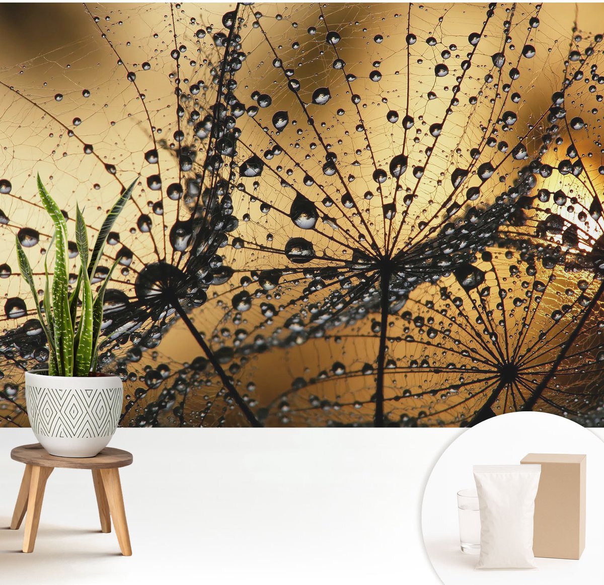 Wallfluent Fotobehang - Zwart Vliesbehang - 208x146 cm - Fijne Druppels Muurschildering - Gang behang Bloemen En Planten - Fotobehang Vlies - Slaapkamer behang