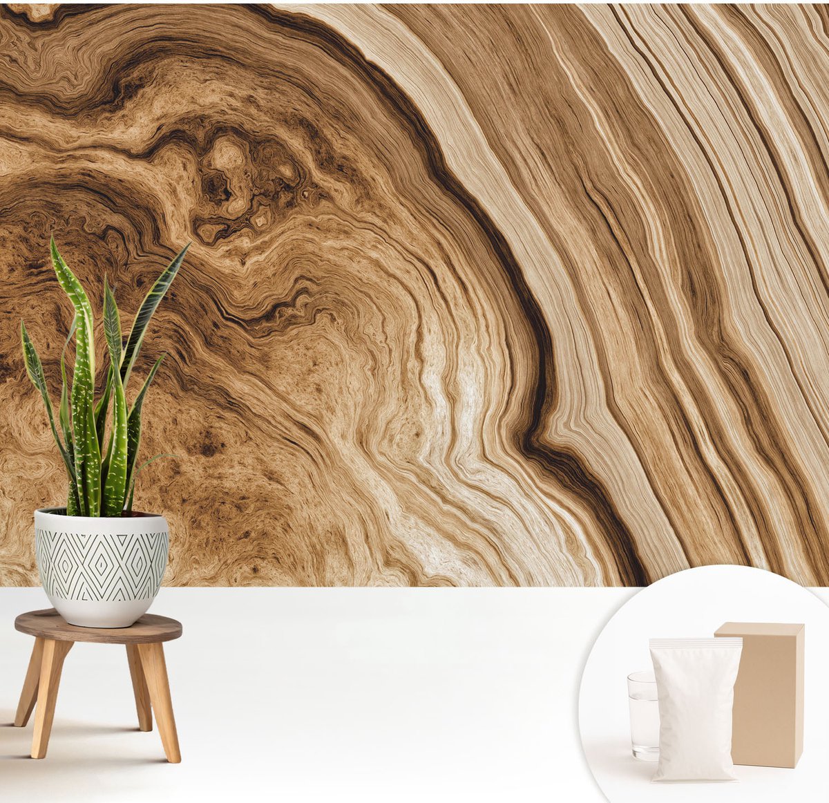 Wallfluent Fotobehang - Bruin Vliesbehang - 208x146 cm - Houten Ringen Muurschildering - Slaapkamer behang Texturen - Fotobehang Vlies - Slaapkamer behang
