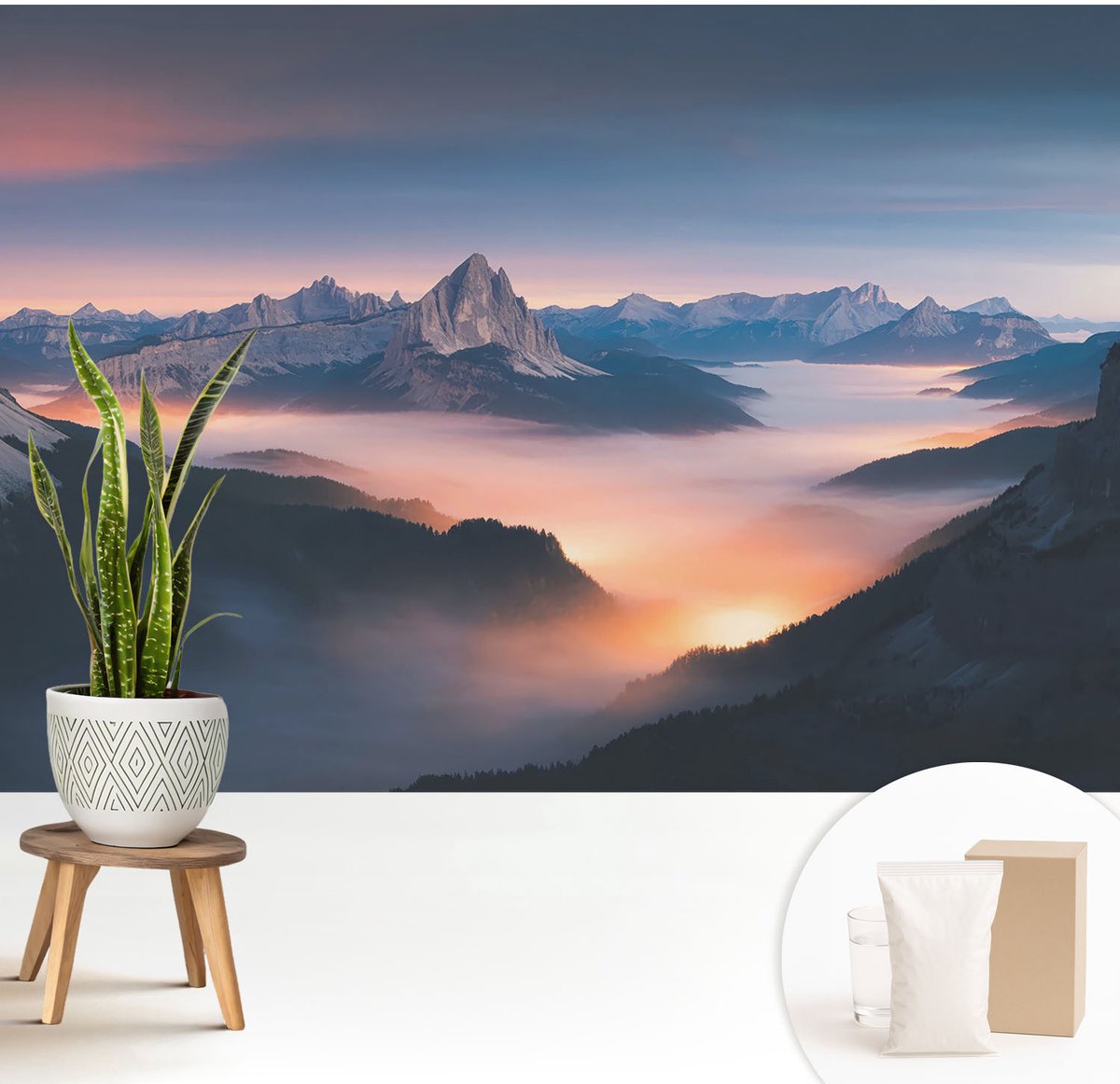 Wallfluent Fotobehang - Blauw Vliesbehang - 208x146 cm - De Opkomende Zon Muurschildering - Gang behang Landschappen - Fotobehang Vlies - Gang behang