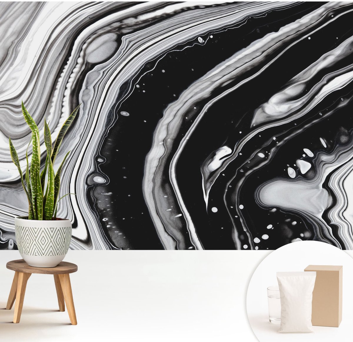 Wallfluent Fotobehang - Zwart-Wit Vliesbehang - 208x146 cm - Monochromatische Golven Muurschildering - Slaapkamer behang Abstractie - Fotobehang Vlies - Slaapkamer behang