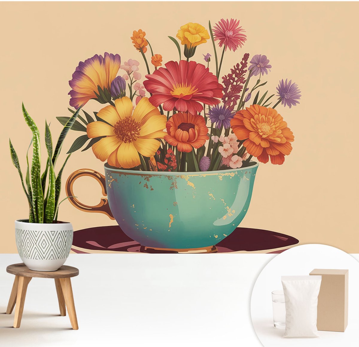 Wallfluent Fotobehang - Beige Vliesbehang - 208x146 cm - Een Kleurrijk Boeket Muurschildering - Slaapkamer behang Bloemen En Planten - Fotobehang Vlies - Slaapkamer behang