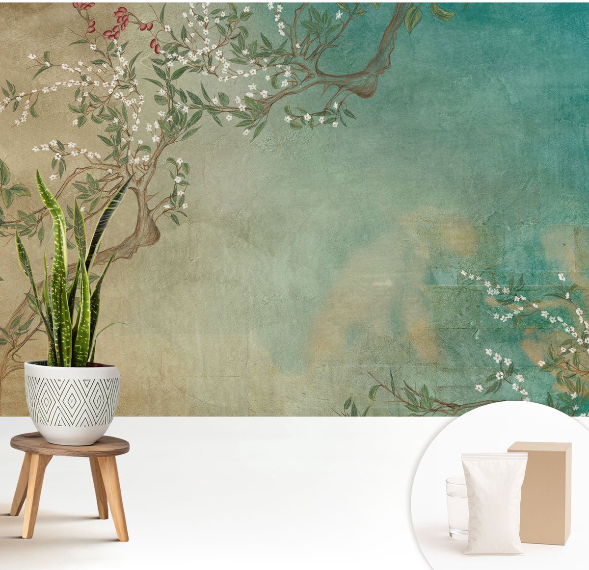 Wallfluent Fotobehang - Beige Vliesbehang - 208x146 cm - Bloemenharmonie Muurschildering - Gang behang Bloemen En Planten - Fotobehang Vlies - Slaapkamer behang
