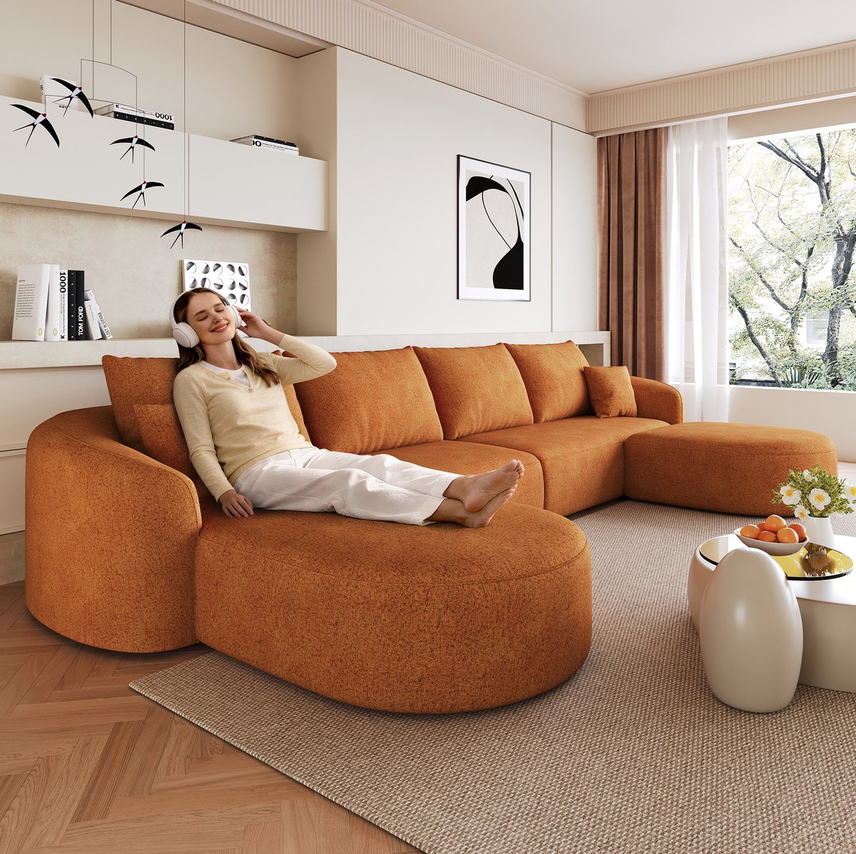 MODENUIT U-bank 336 Cm - 5-Zits Met Schuimvulling - Voor Woonkamer, Slaapkamer En Appartement - Stof Oranje