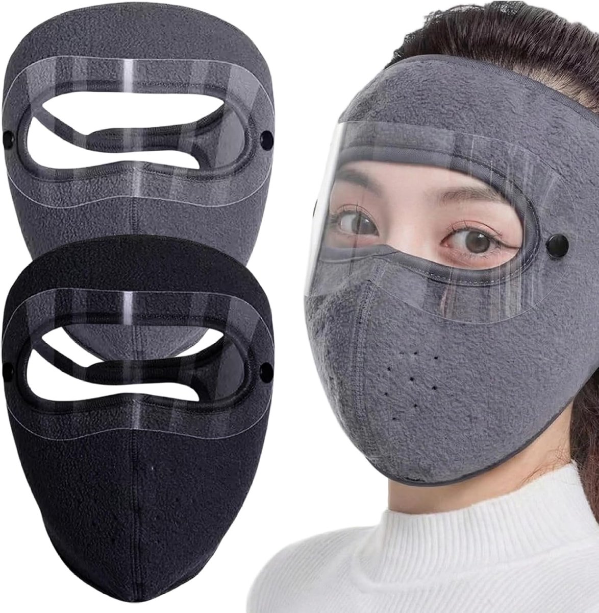 KZQ 2 Stuks Winter Gezichtsbedekking Voor Heren En Dames – Winddichte Volledige Gezichtsschild Met Verwijderbare Hd Bril En Fleece Thermisch Masker Voor Buitenactiviteiten Zwart