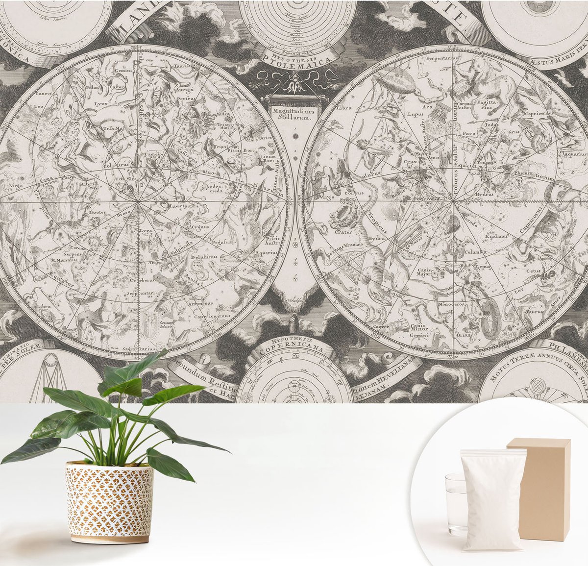 Wallfluent Fotobehang - Zwart-Wit Vliesbehang - 152x104 cm - Sterrenkaart Muurschildering - Gang behang Kosmos - Fotobehang Vlies - Gang behang