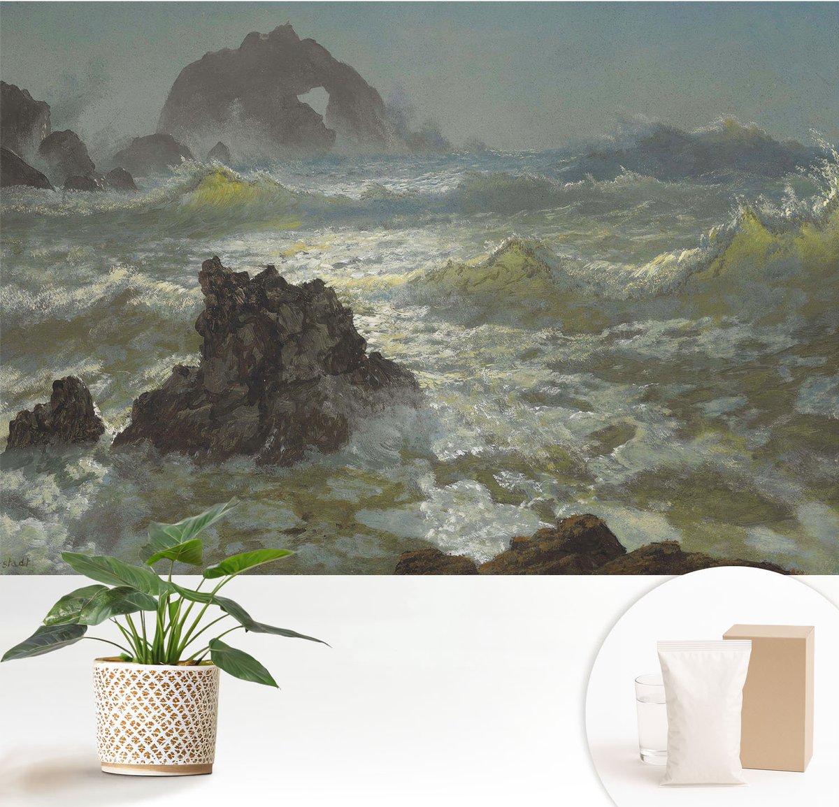 Wallfluent Fotobehang - Grijs Vliesbehang - 152x104 cm - Stormachtige Zee Fotobehang Vlies - Woonkamer behang Landschappen - Muurschildering - Woonkamer behang