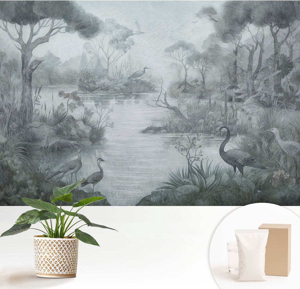 Wallfluent Fotobehang - Grijs Vliesbehang - 152x104 cm - Natuurlandschap Muurschildering - Gang behang Landschappen - Fotobehang Vlies - Slaapkamer behang