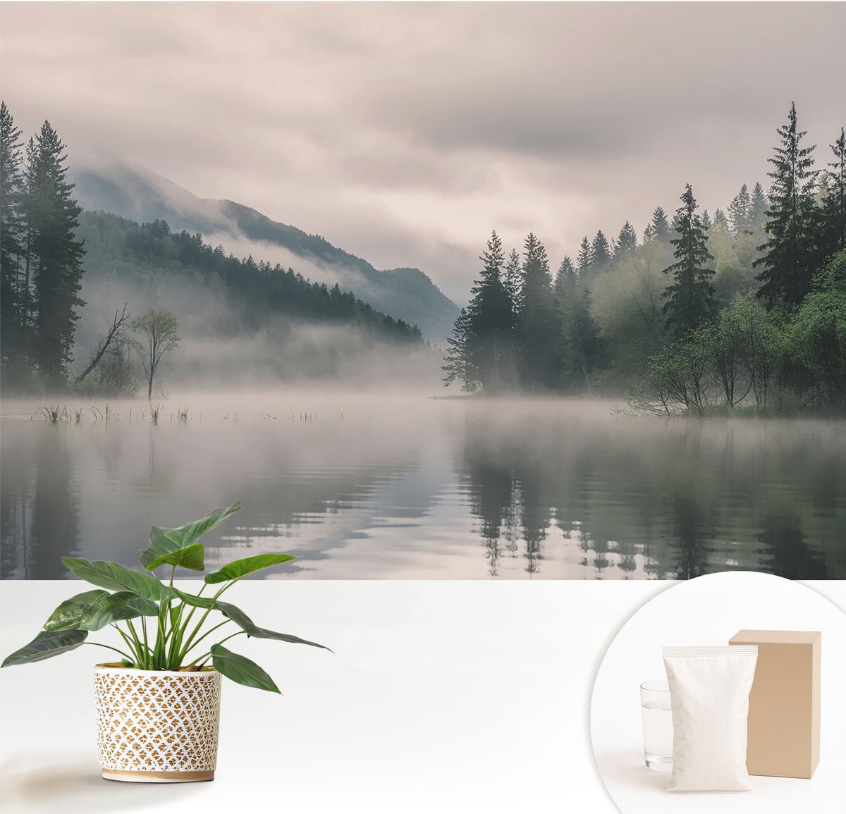 Wallfluent Fotobehang - Grijs Vliesbehang - 152x104 cm - Atmosferisch Meer Muurschildering - Slaapkamer behang Landschappen - Fotobehang Vlies - Gang behang