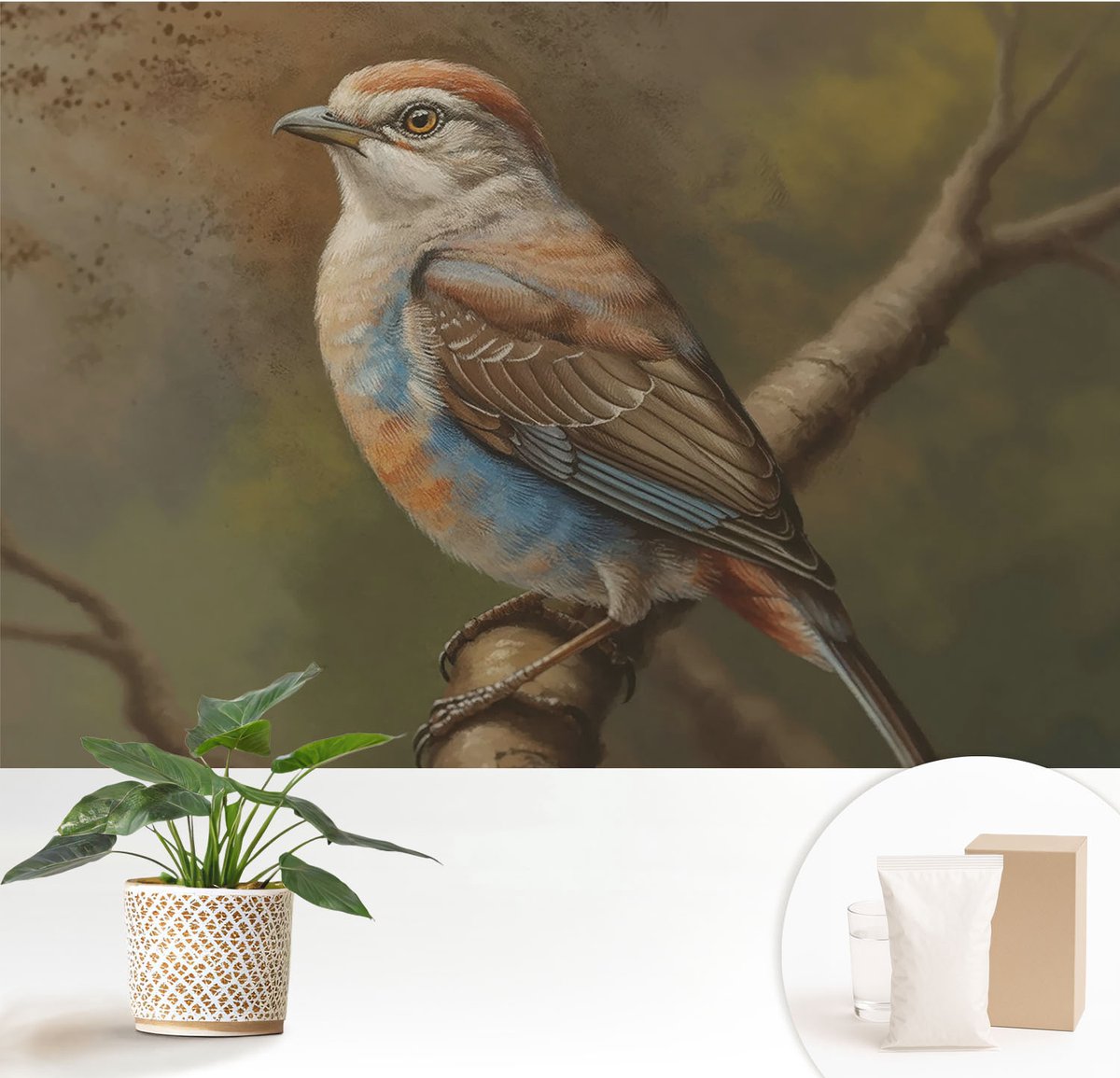 Wallfluent Fotobehang - Wit Vliesbehang - 152x104 cm - Vogelportret Fotobehang Vlies - Hal behang Dieren - Muurschildering - Woonkamer behang