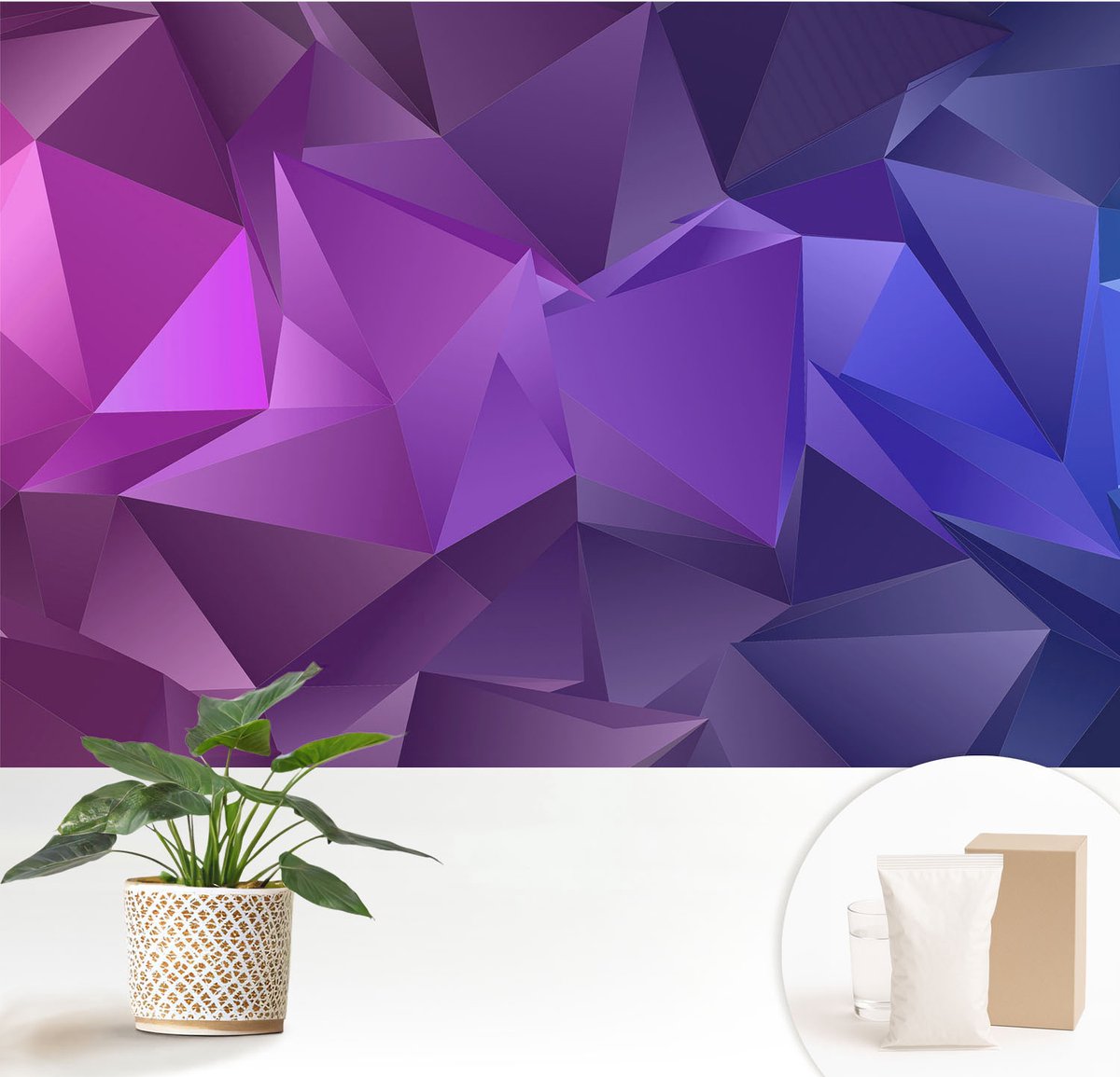 Wallfluent Fotobehang - Paars Vliesbehang - 152x104 cm - Paarse Driehoeken Muurschildering - Slaapkamer behang Abstractie - Fotobehang Vlies - Slaapkamer behang
