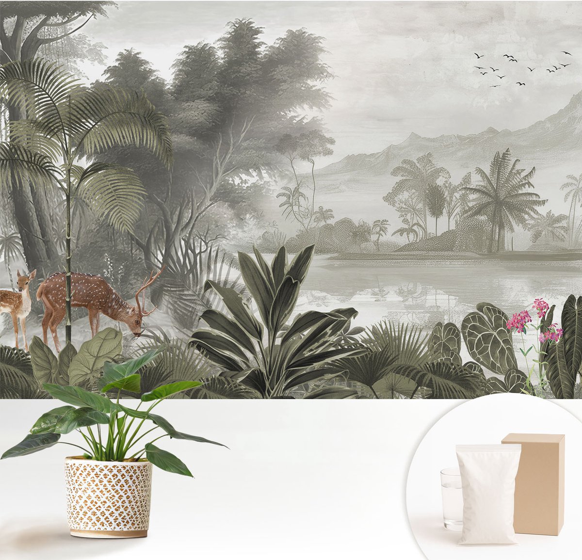 Wallfluent Fotobehang - Grijs Vliesbehang - 152x104 cm - Tropische Oase Muurschildering - Slaapkamer behang Landschappen - Fotobehang Vlies - Gang behang