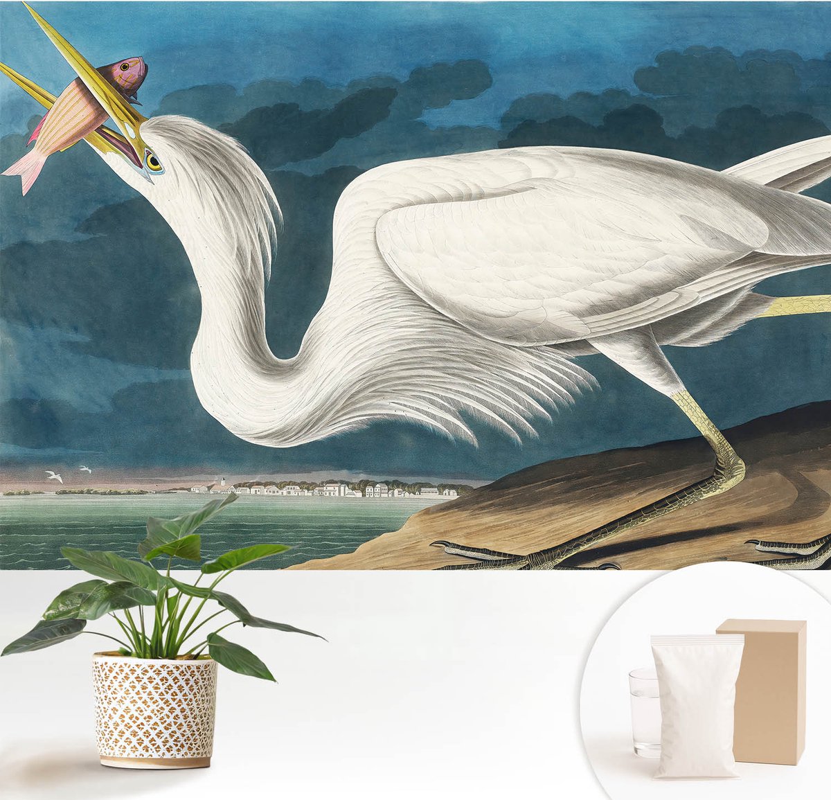 Wallfluent Fotobehang - Wit Vliesbehang - 152x104 cm - Vogel Met Vis Muurschildering - Gang behang Dieren - Fotobehang Vlies - Slaapkamer behang